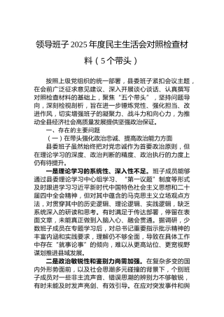 领导班子2025年度民主生活会对照检查材料（5个带头）