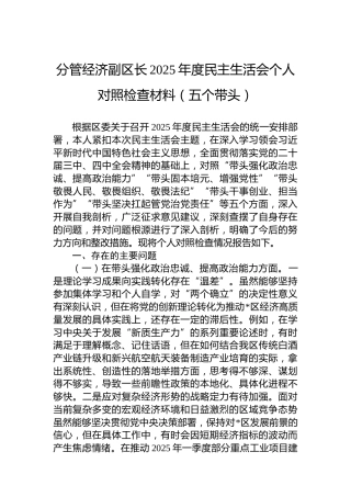 分管经济副区长2025年度民主生活会个人对照检查材料（五个带头）