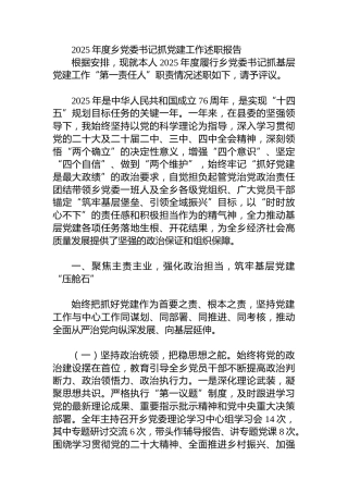 2025年度乡党委书记抓党建工作述职报告