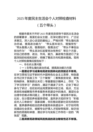 2025年度民主生活会个人对照检查材料（五个带头）