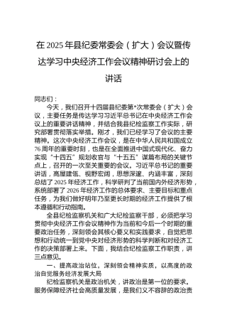 在2025年县纪委常委会（扩大）会议暨传达学习中央经济工作会议精神研讨会上的讲话