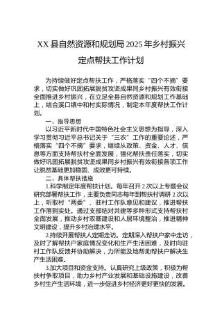 XX县自然资源和规划局2025年乡村振兴定点帮扶工作计划