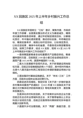XX回族区2025年上半年乡村振兴工作总结