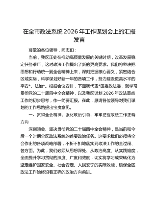 在全市政法系统2026年工作谋划会上的汇报发言
