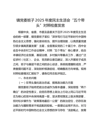 镇党委班子2025年度民主生活会“五个带头”对照检查发言