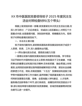 XX市中医医院党委领导班子2025年度民主生活会对照检查材料(五个带头)