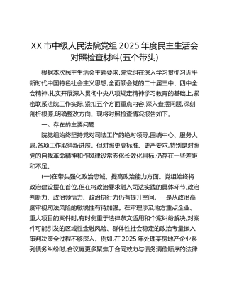 XX市中级人民法院党组2025年度民主生活会对照检查材料（五个带头）