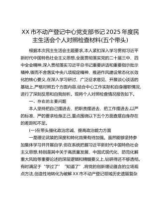 XX市不动产登记中心党支部书记2025年度民主生活会个人对照检查材料(五个带头)