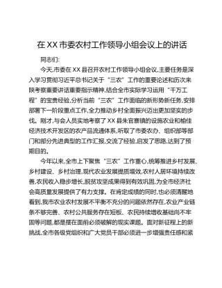 在XX市委农村工作领导小组会议上的讲话