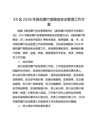 XX区2026年烟花爆竹禁限放安全管理工作方案