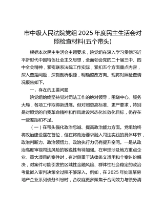 市中级人民法院党组2025年度民主生活会对照检查材料（五个带头）