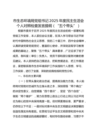 市生态环境局党组书记2025年度民主生活会个人对照检查发言提纲（“五个带头”）