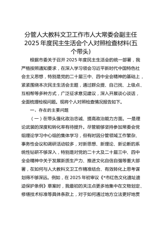 分管人大教科文卫工作市人大常委会副主任2025年度民主生活会个人对照检查材料(五个带头)