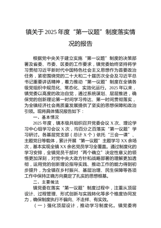镇关于2025年度“第一议题”制度落实情况的报告