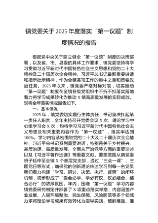镇党委关于2025年度落实“第一议题”制度情况的报告