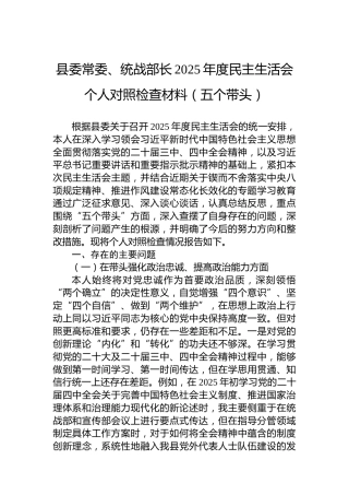 县委常委、统战部长2025年度民主生活会个人对照检查材料（五个带头）