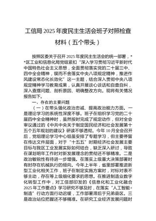 工信局2025年度民主生活会班子对照检查材料（五个带头）