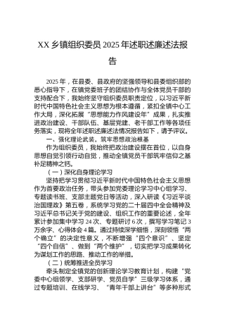 XX乡镇组织委员2025年述职述廉述法报告