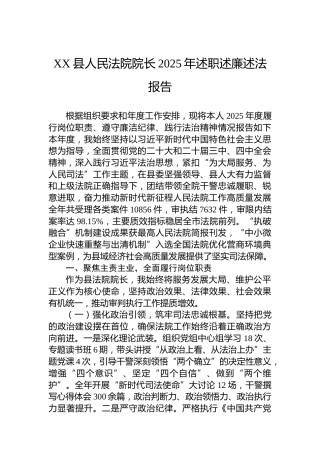 XX县人民法院院长2025年述职述廉述法报告
