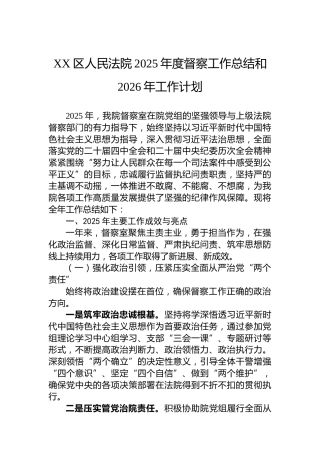 XX区人民法院2025年度督察工作总结和2026年工作计划