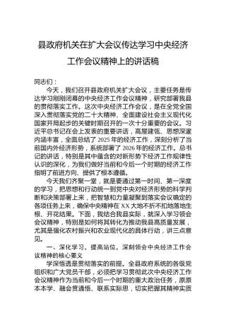 县政府机关在扩大会议传达学习中央经济工作会议精神上的讲话稿