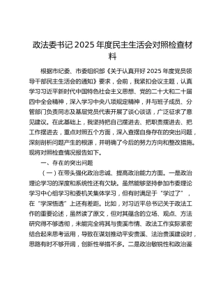 政法委书记2025年度民主生活会对照检查材料（五个带头）