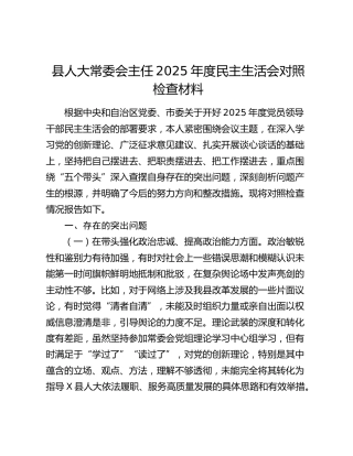 县人大常委会主任2025年度民主生活会对照检查材料（五个带头）