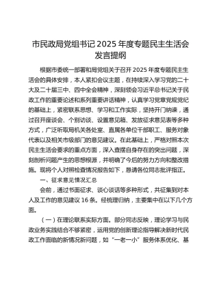 市民政局党组书记2025年度专题民主生活会发言提纲（五个带头）