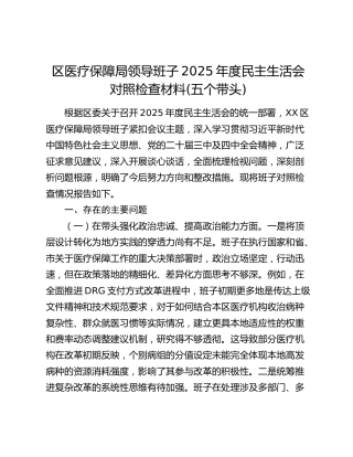 区医疗保障局领导班子2025年度民主生活会对照检查材料(五个带头)
