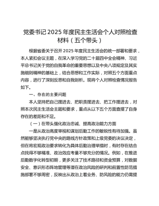 党委书记2025年度民主生活会个人对照检查材料（五个带头）