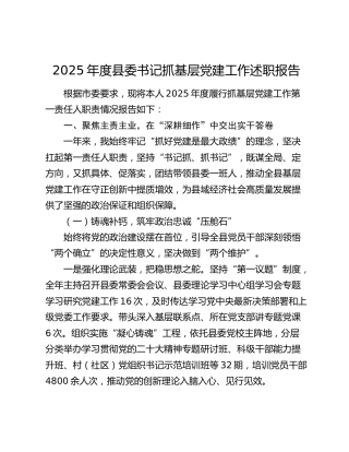 2025年度县委书记抓基层党建工作述职报告