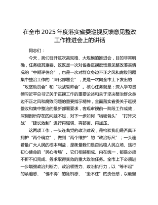 在全市2025年度落实省委巡视反馈意见整改工作推进会上的讲话