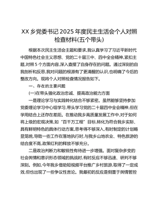 XX乡党委书记2025年度民主生活会个人对照检查材料(五个带头)