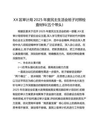 XX区审计局2025年度民主生活会班子对照检查材料(五个带头)