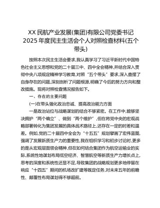 XX民航产业发展(集团)有限公司党委书记2025年度民主生活会个人对照检查材料(五个带头)