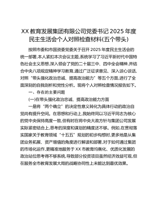XX教育发展集团有限公司党委书记2025年度民主生活会个人对照检查材料(五个带头)