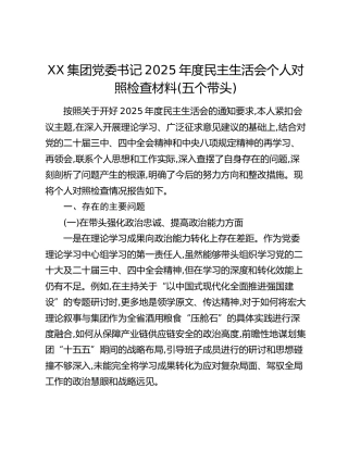XX集团党委书记2025年度民主生活会个人对照检查材料(五个带头)