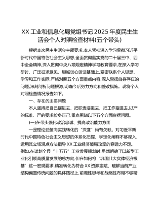 XX工业和信息化局党组书记2025年度民主生活会个人对照检查材料(五个带头)