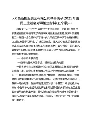 XX高新控股集团有限公司领导班子2025年度民主生活会对照检查材料(五个带头)
