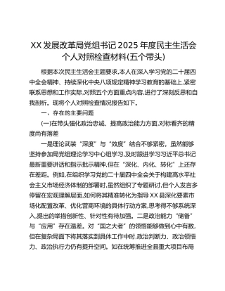 XX发展改革局党组书记2025年度民主生活会个人对照检查材料(五个带头)