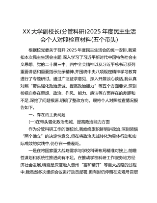 XX大学副校长(分管科研)2025年度民主生活会个人对照检查材料(五个带头)