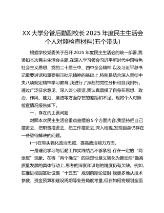 XX大学分管后勤副校长2025年度民主生活会个人对照检查材料(五个带头)