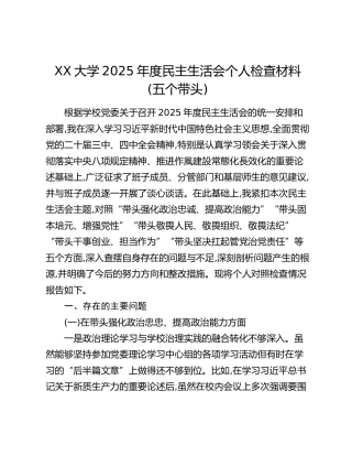 XX大学2025年度民主生活会个人检查材料(五个带头)