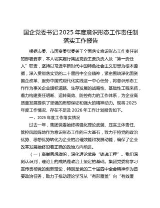 国企党委书记2025年度意识形态工作责任制落实工作报告（3）