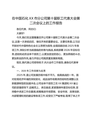 在中国石化XX市分公司第十届职工代表大会第二次会议上的工作报告