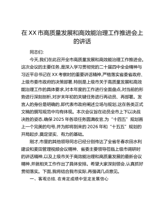 在XX市高质量发展和高效能治理工作推进会上的讲话 (2)