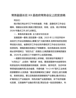 常务副县长在XX县政府常务会议上的发言稿