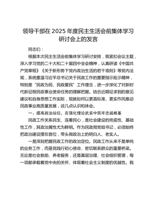 领导干部在2025年度民主生活会前集体学习研讨会上的发言
