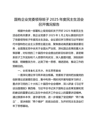 国有企业党委领导班子2025年度民主生活会召开情况报告