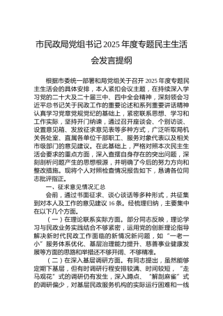 市民政局党组书记2025年度专题民主生活会发言提纲